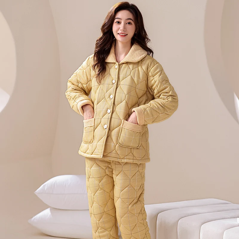 Newest Winter Thick Warm Women Solid Pajamas Set Female Three Layer Clip Cotton Sleepwear