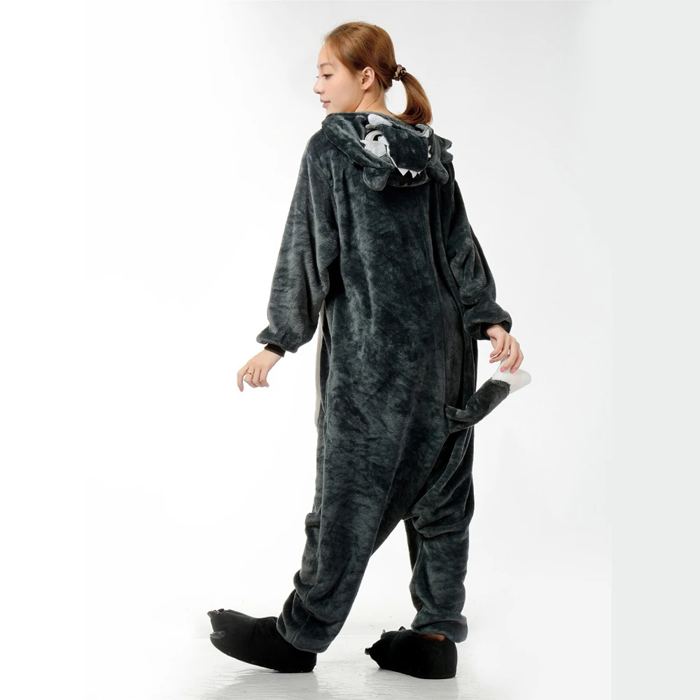 Grijze Wolfs Onesie Pyjama Volledige Pyjama Vrouw Volwassen Kawaii Nachtkleding Kigurumi Volwassen Flanellen Anime Cartoon Loungewear Nachthemd