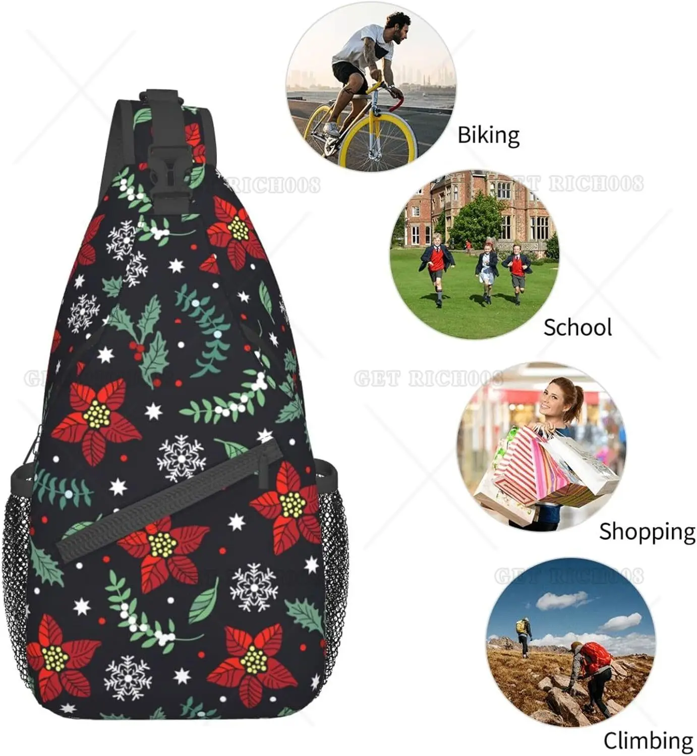 Cute Christmas Floral Sling Bag Xmas Holiday Sling Backpack Crossbody Chest Bag Daypack for Hiking Travel Casual Unisex