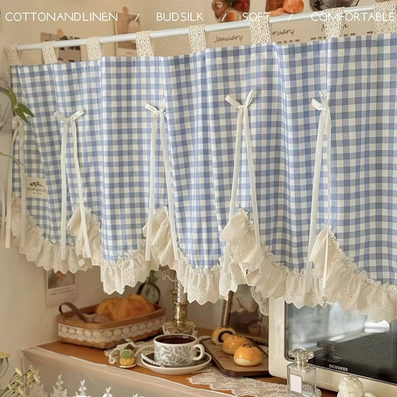 French Sweet Wave Lace Short Curtains for Kitchen Blue Plaid Bow Ribbon Half Curtains Tab Top Window Valance Cotton Curtain