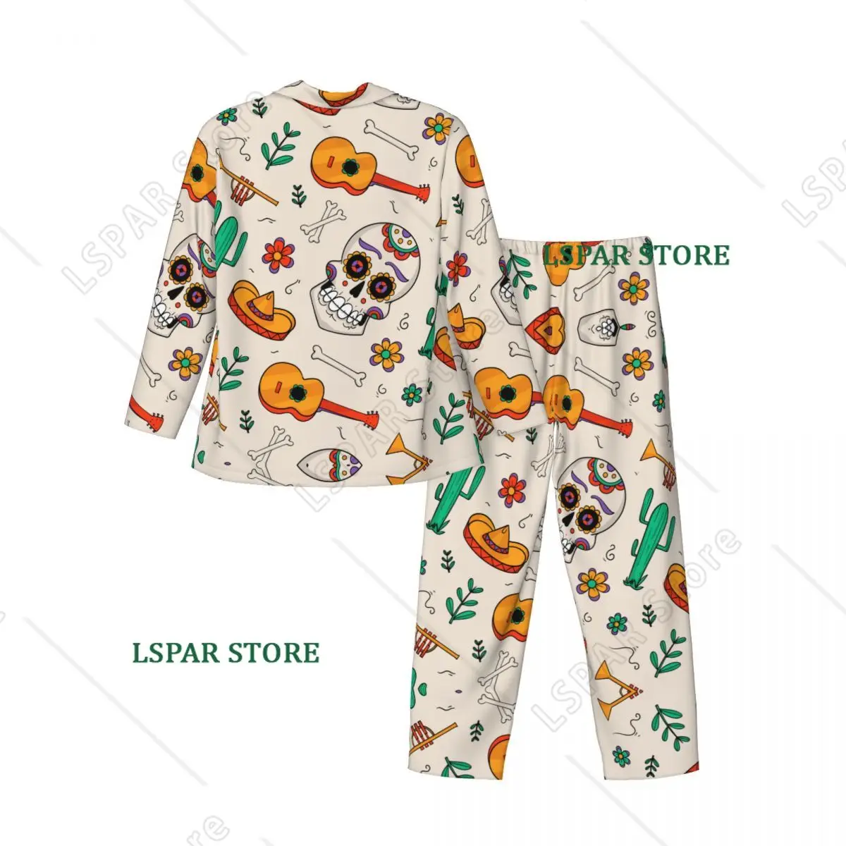 Guitars And Mexican Skeletons Long-sleeved Trousers Pajamas for Men Autumn and Winter Homewear Sleepwear Sets