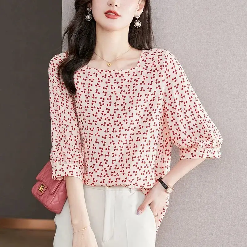 Summer New European and American Loose Square Printed Chiffon Shirt with Round Neck and Three-quarter Sleeve Commuter Korean