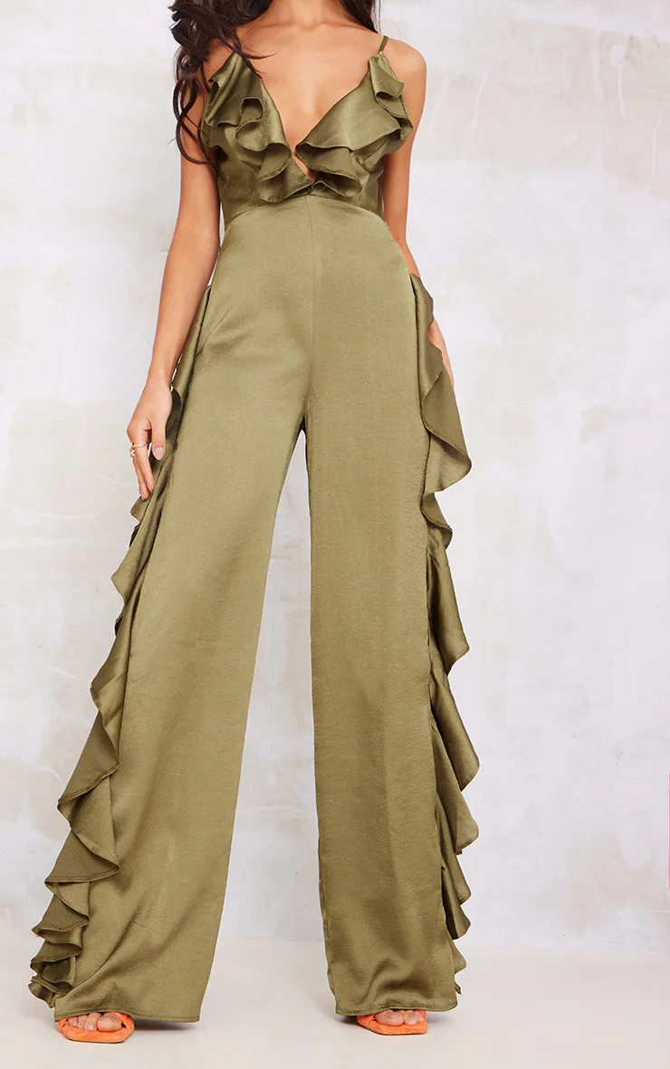 Women's Deep V-satin Backless Women's Jumpsuit Summer Solid Color Ruffled Suspender Jumpsuit Women