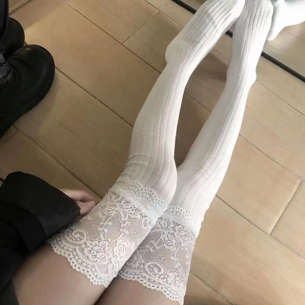 Nuevos calcetines de mujer Otoño/Invierno Color sólido muslo alto encaje lindo Lolita medias gruesas cálidas negro blanco calcetines de pierna larga para mujer