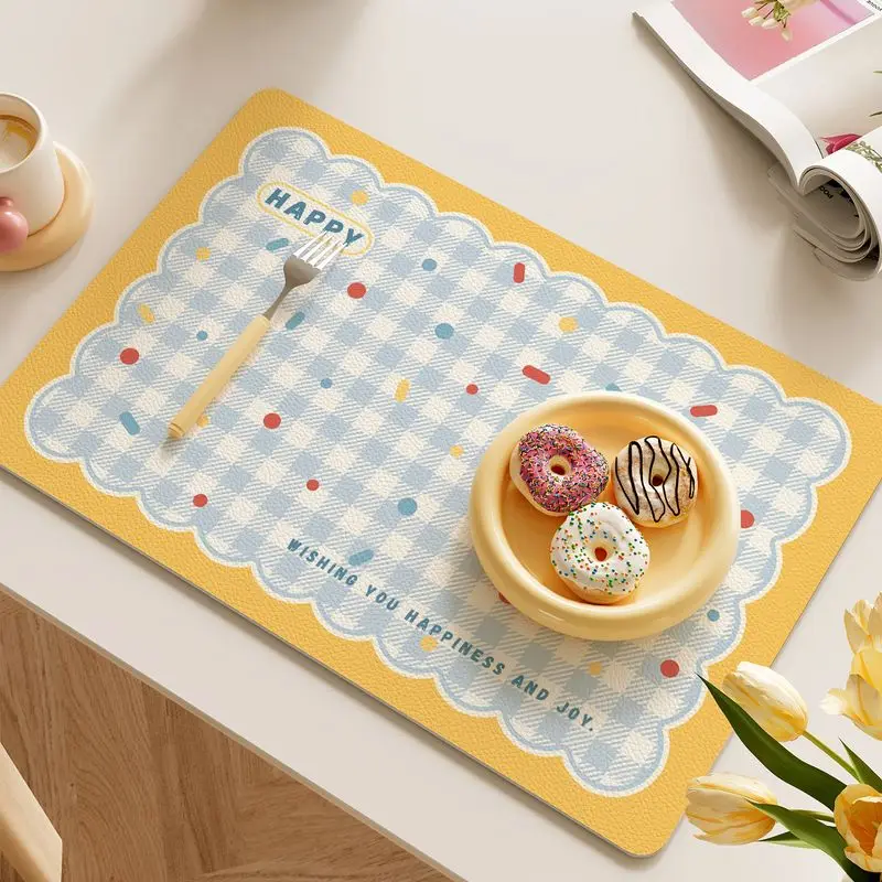 VIKAM Cute Korean-Style Dish Drainer Mat, Checkered Wavy-Edge Absorbent and Heat-Resistant Mat, Kitchen and Home Decor