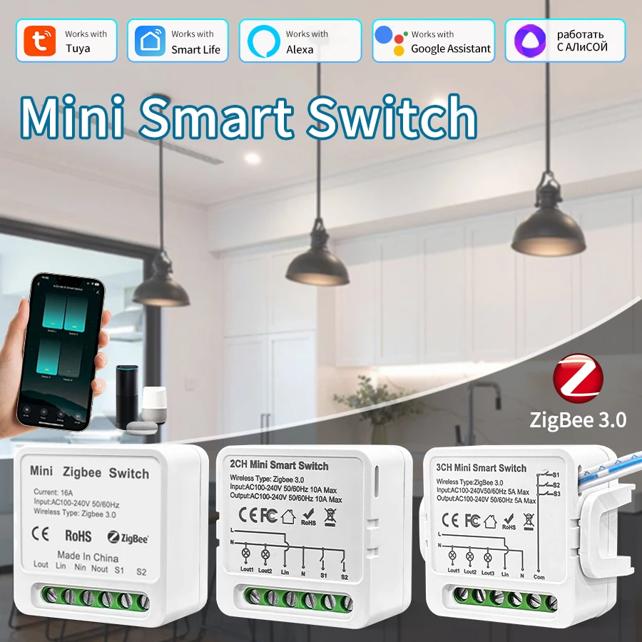 Tuya ZigBee3.0 Modulo Smart Switch 16A Smart Home, Casa Intelligente Interruttore Relè FAI DA TE 1/2/3 Gang APP Controllo Vocale Funziona con Alexa Google Casa