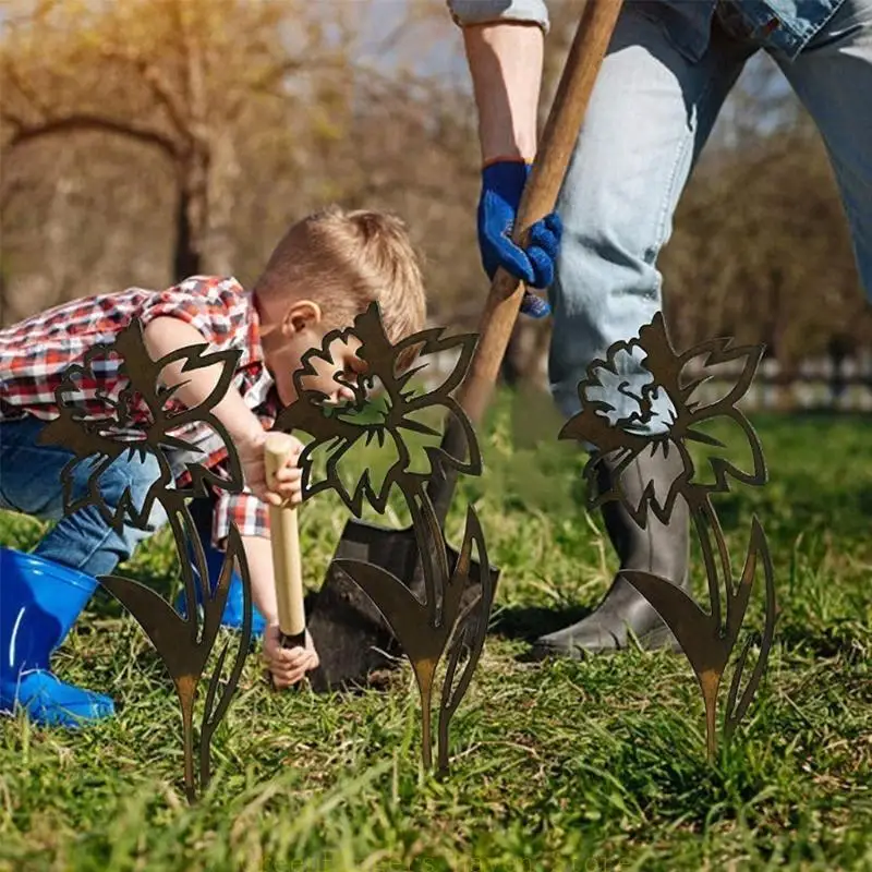 

F68D Metal Rose Carnation Sculpture Garden Decoration Stakes Iron Art Flower Statues Figurine Wall Ornament for Lawn