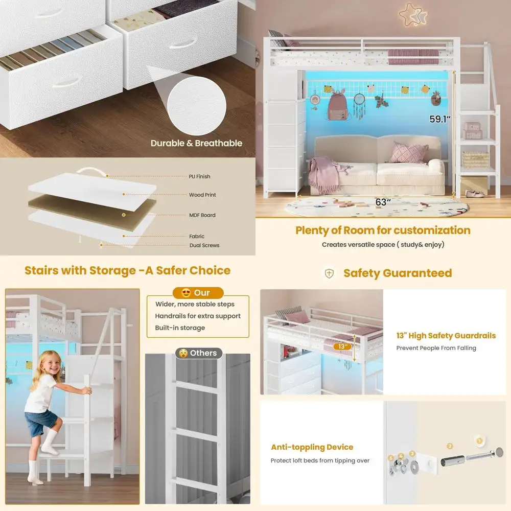 

Детская кровать-чердак Twin Size с местом для хранения, 8 ящиками, светодиодной подсветкой, розеткой, полками, шкафом, 13 защитными перилами и лестницей, белая