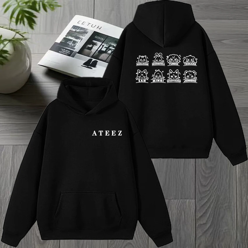 

2026 New in Korea Ateez Double Sided printed Winter Hoodie New Unisex Cartoon Trend Sweatshirt Men women Fleece Casual pullovers