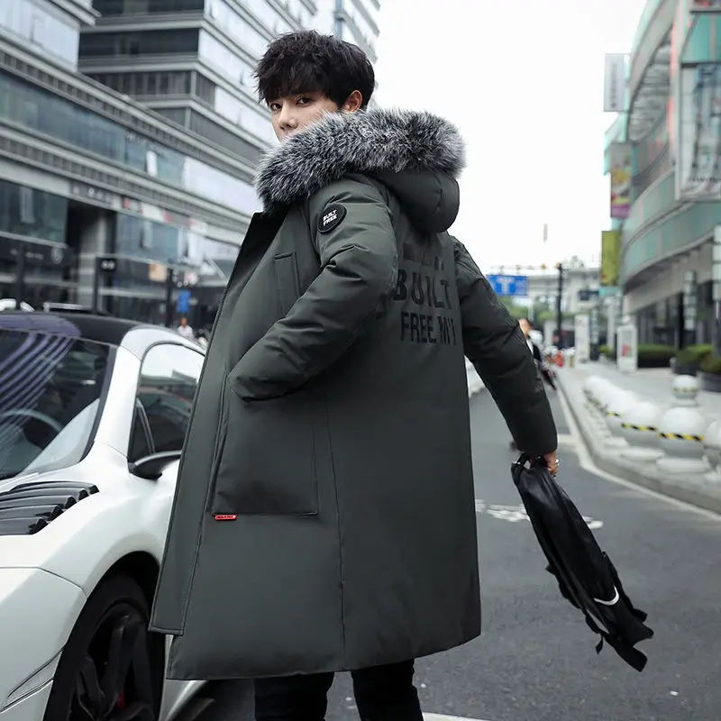 

Белые утиные пальто с большим меховым капюшоном для мужчин, длинные куртки-пуховики, мужская утепленная теплая парка, ветрозащитная модная верхняя одежда Chaqueta JK-060