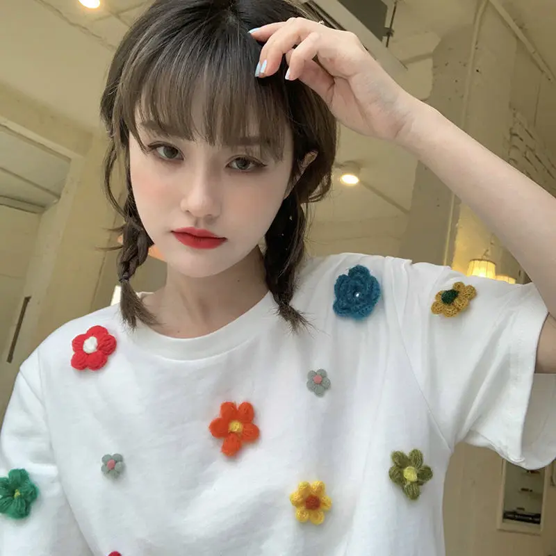 Knitting Flowers T-shirt 2024 New Women Fashion Sweet T Shirt Students Casual Loose Tee Top Female Short Sleeves T-shirt 3XL