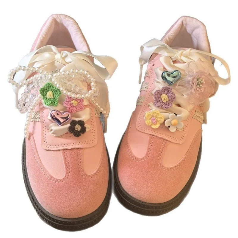 

Hand Woven Flower Shoe Laces with Pearl Crystal Bow Charms for Sneakers - DIY Colorful Love Buckle Decorations for Girls