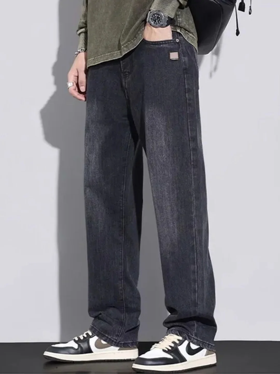 صيف 2025 جينز رجالي غير رسمي مستقيم الساق ملابس عمل مرنة متينة فضفاضة تناسب سراويل تقليدية عالية تمتد الدنيم تنفس #5