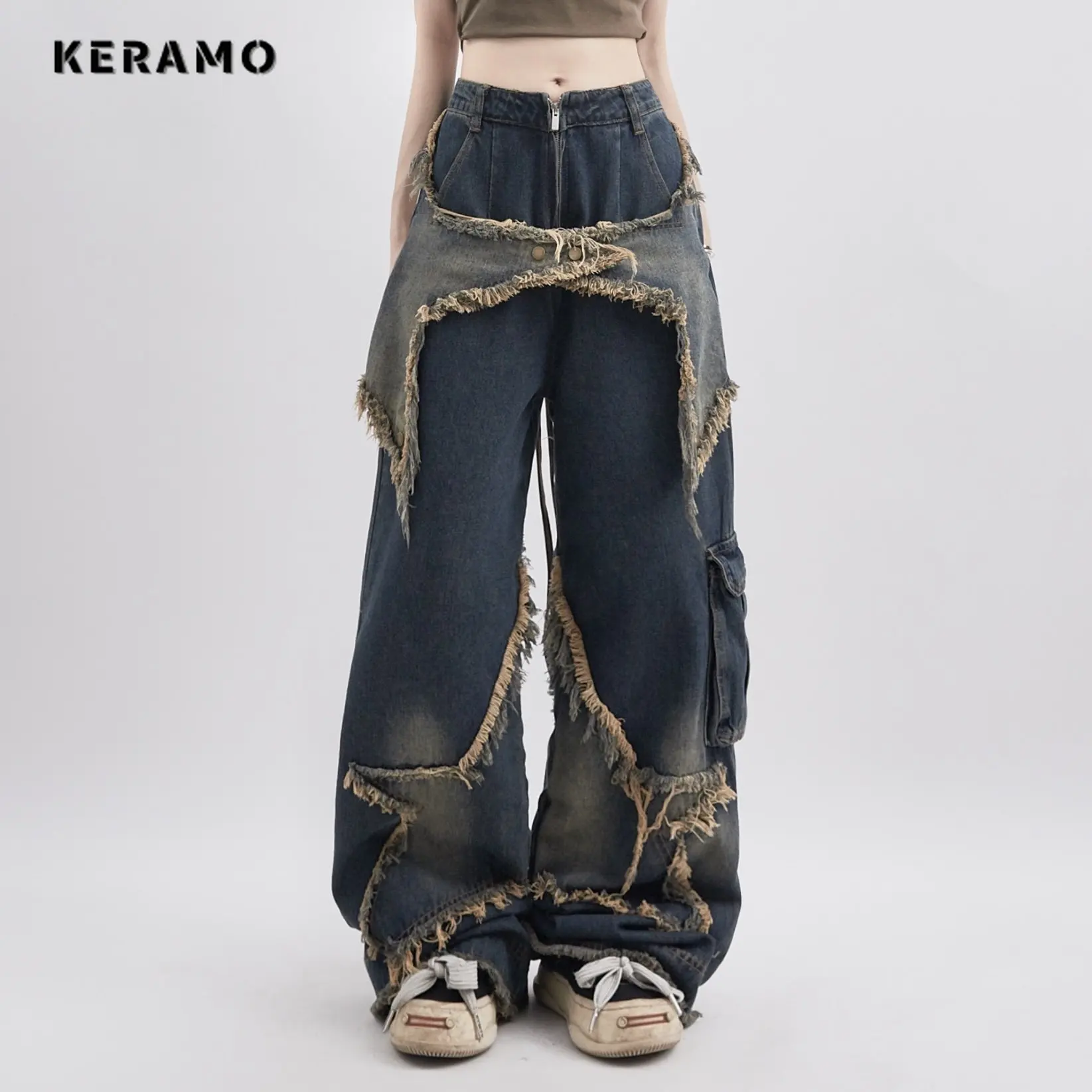 

American Retro High Waist Oversized Jeans Pants For Women Casual Baggy Y2K Wide Leg Grunge Streetwear Patchwork Denim Trouser