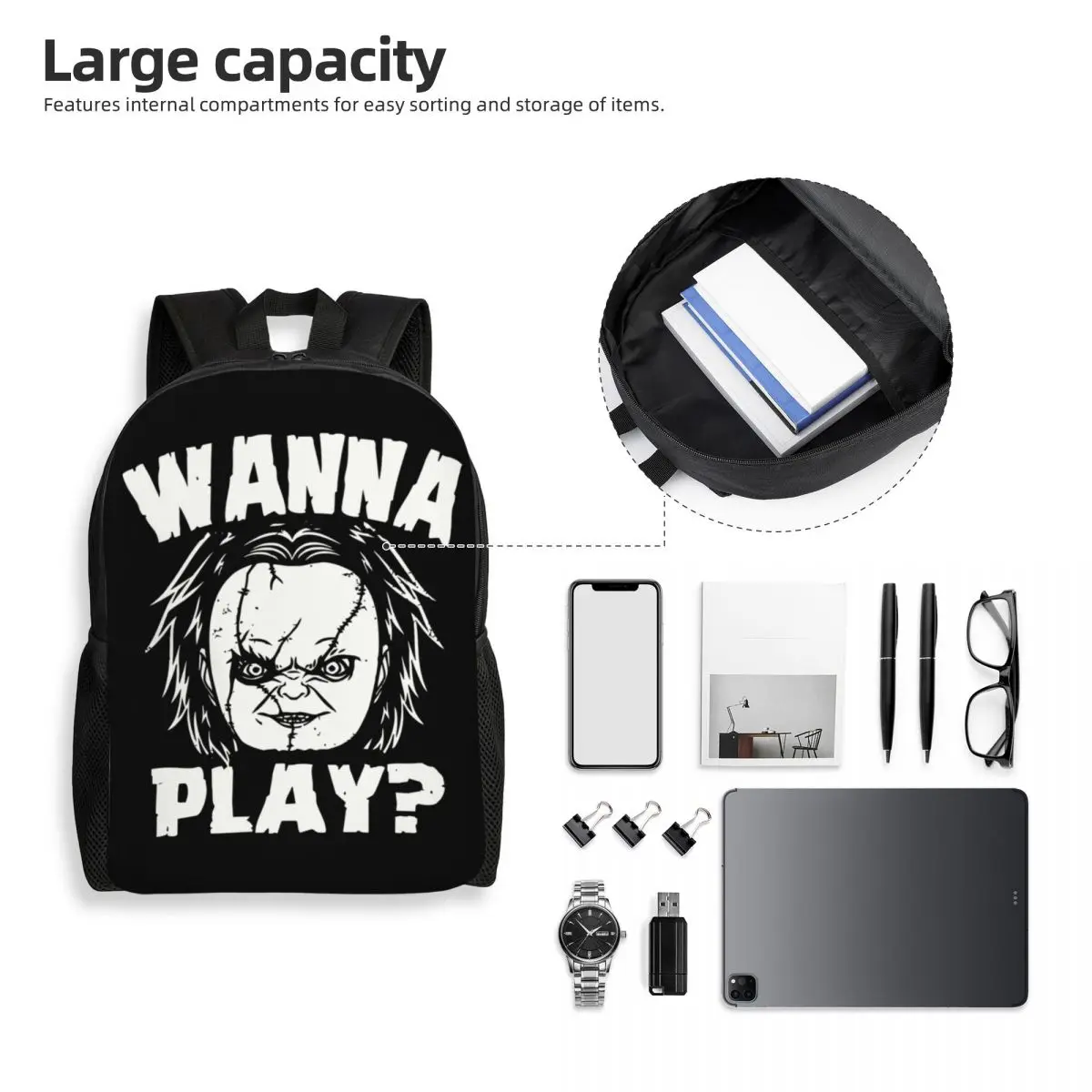 Custom Halloween Horror Movie Wanna Play Backpacks Men Women Basic Bookbag for School College Chucky Doll Bags