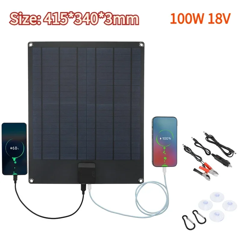 100W 12V/18V Solar Panel Portable USB 5V 2A Battery Charger DC+Type C Solar Cell Board Car Charger for Phone RV Car Camping