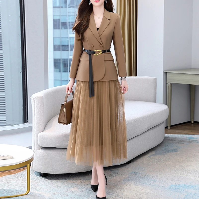 Fashion New Height Quality Korean Version Of All-Match Belt Blazer Jacket High Waist Pleated Skirt Suit Two Piece Set Female