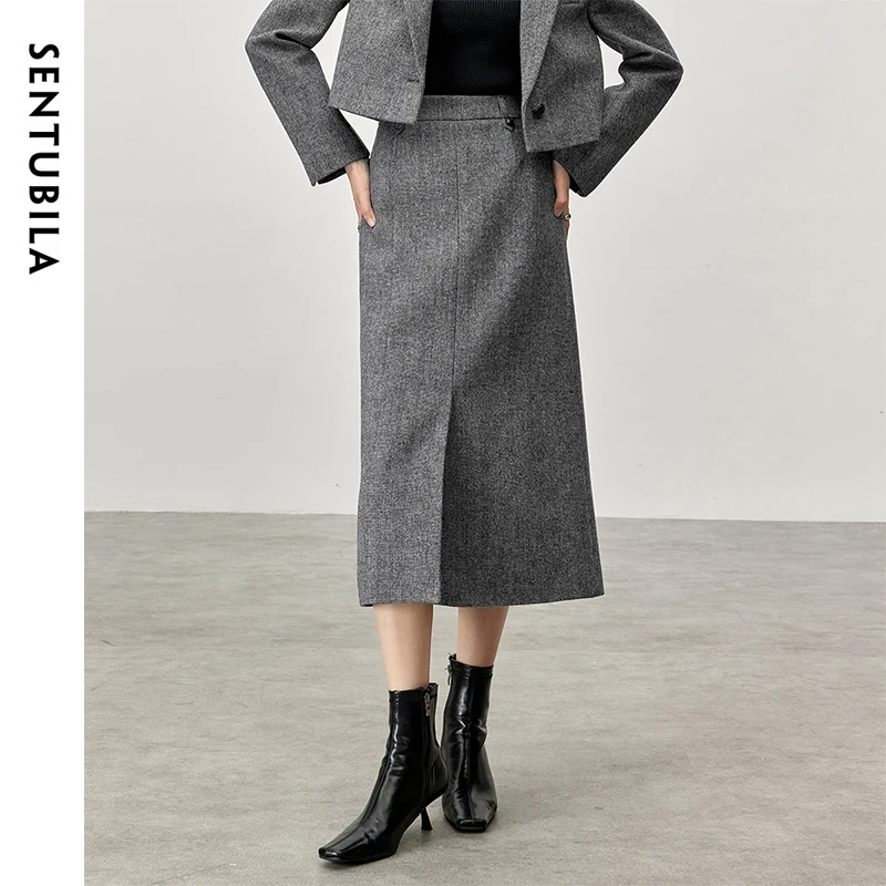 

SENTUBILA Winter Wool Blend Midi Skirts Women 2024 Office Work Elastic Waist Straight Split Grey Skirt Female Clothes 144Q57456