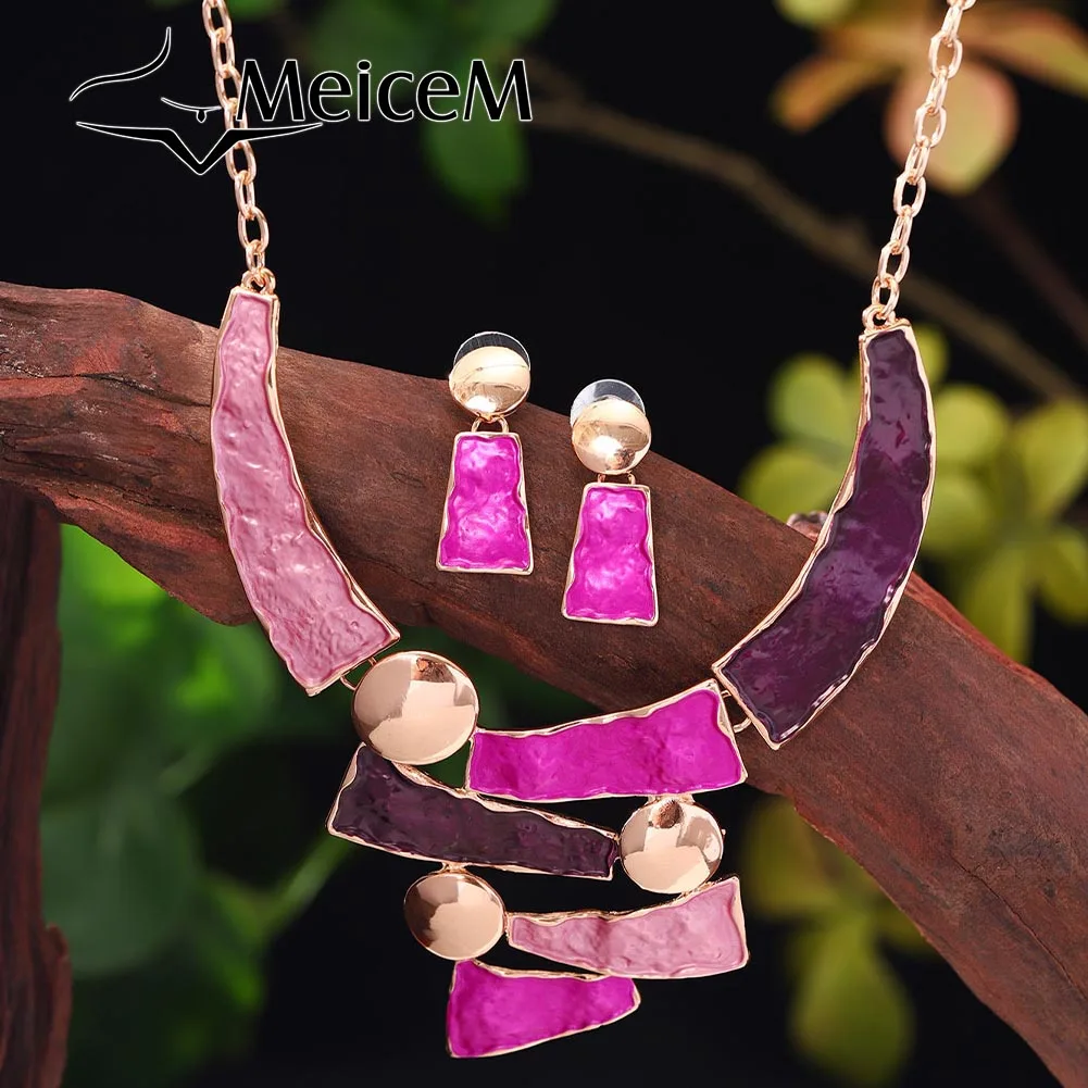 MeiceM Multi Color Jewelry Set Zinc Alloy Geometric Fashion Elegant Women\'s Enamel Necklace Earring Set Mother\'s Day Gift 2024