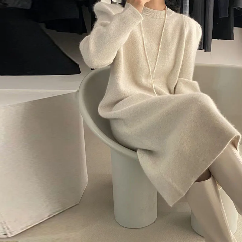 Knitted sweater solid color medium long dress over knee pullover knitted loose base over knee solid color women