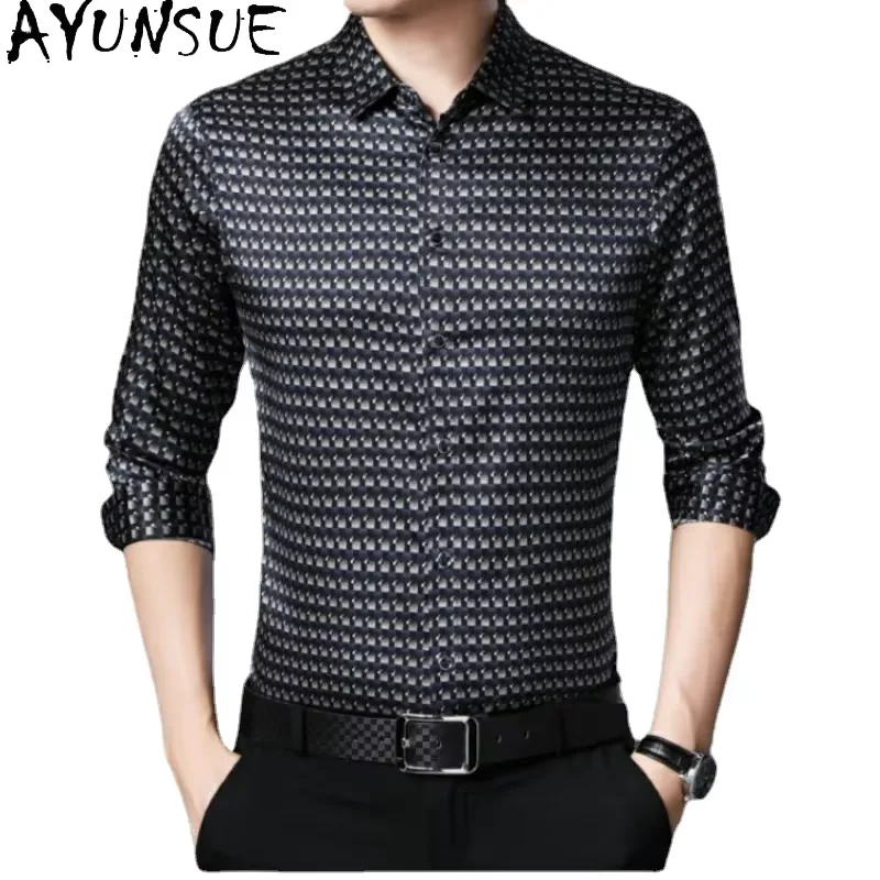 

AYUNSUE 92% Mulberry Real Silk Shirt for Men Business Casual Loose Tops Shirts Silk Satin Shirt Man Spring Autumn Men's Clothing
