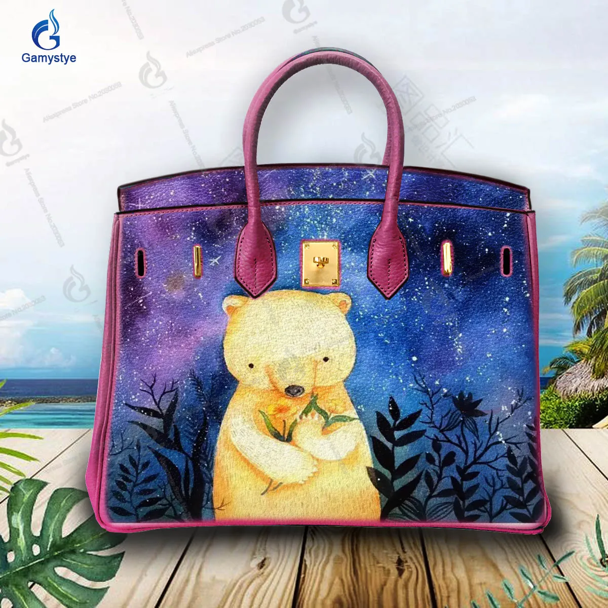 Art Hand-Painting A cute little bear Customize Totes For women Handbags Designer Shoulder Bag Genuine Togo Leather Big Capacity