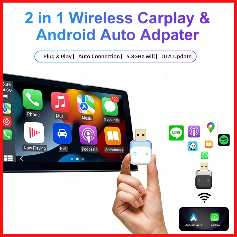 

Новый беспроводной адаптер CarPlay 2 в 1 и беспроводной адаптер Android Auto, Wi-Fi 5 ГГц, USB Plug Play, беспроводной CarPlay для 99% автомобилей