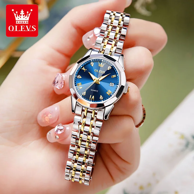 OLEVS Original Watch for Women Stainless Steel Waterproof Quartz Watches Diamond Dial Elegant Ladies Wristwatch Reloj Para Mujer