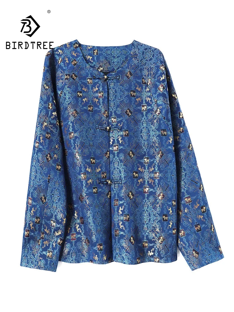 BirdTree-Silk Song Brocade Elegant Coat, O Neck Geometry, Women Retro Design Commute Loose Cardigan, 2026 Autumn New C6O532CC