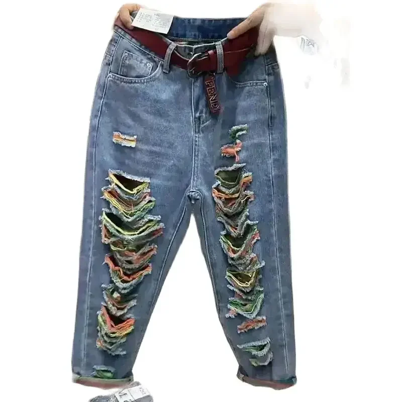 Color Drawing Hole Denim Cropped Pants Women's Summer Thin Loose Slim Straight High Waist Harem Pants Women M647