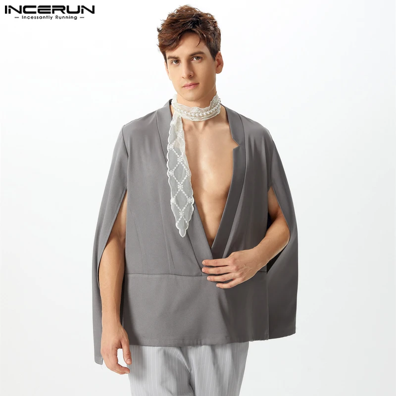 2024 INCERUN Cape Design Solid Color Cloaks Deep V-neck Handsome Men Long Sleeve Capes Elegant Sexy Vintage Style Jackets S-5XL