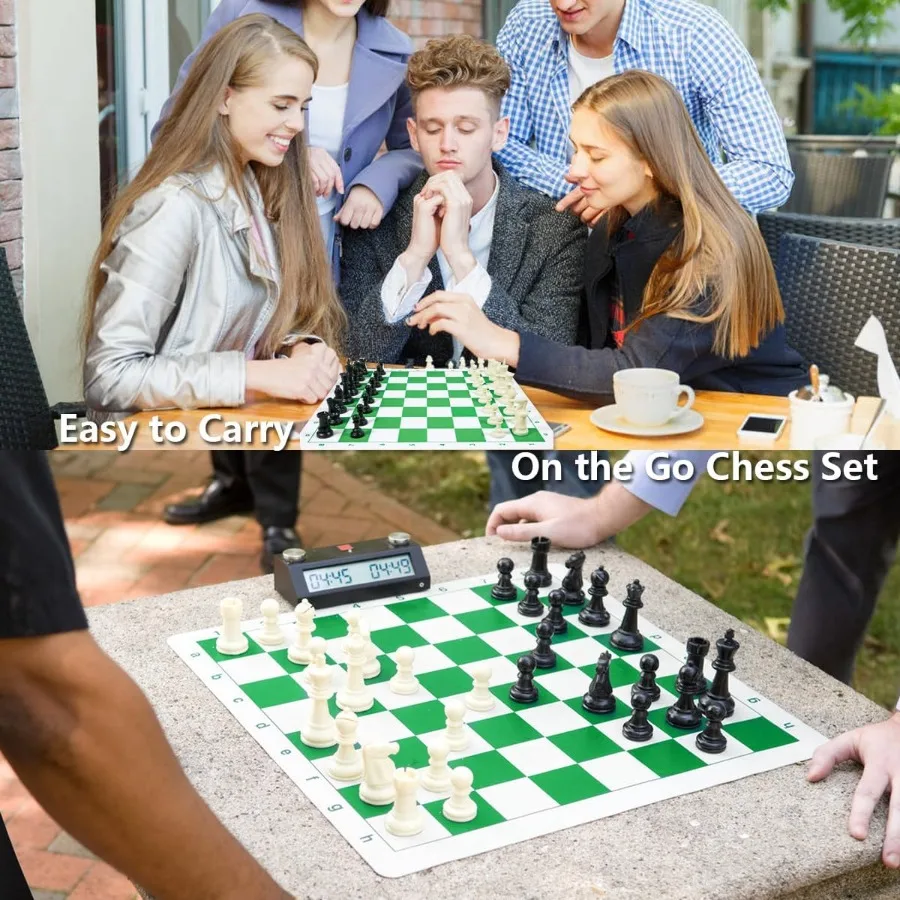 20inch Portable Silicone Chess and Checker Board Game Set with 3.75inch High Plastic Chess Pieces Extra Queens Storage Bag Idea