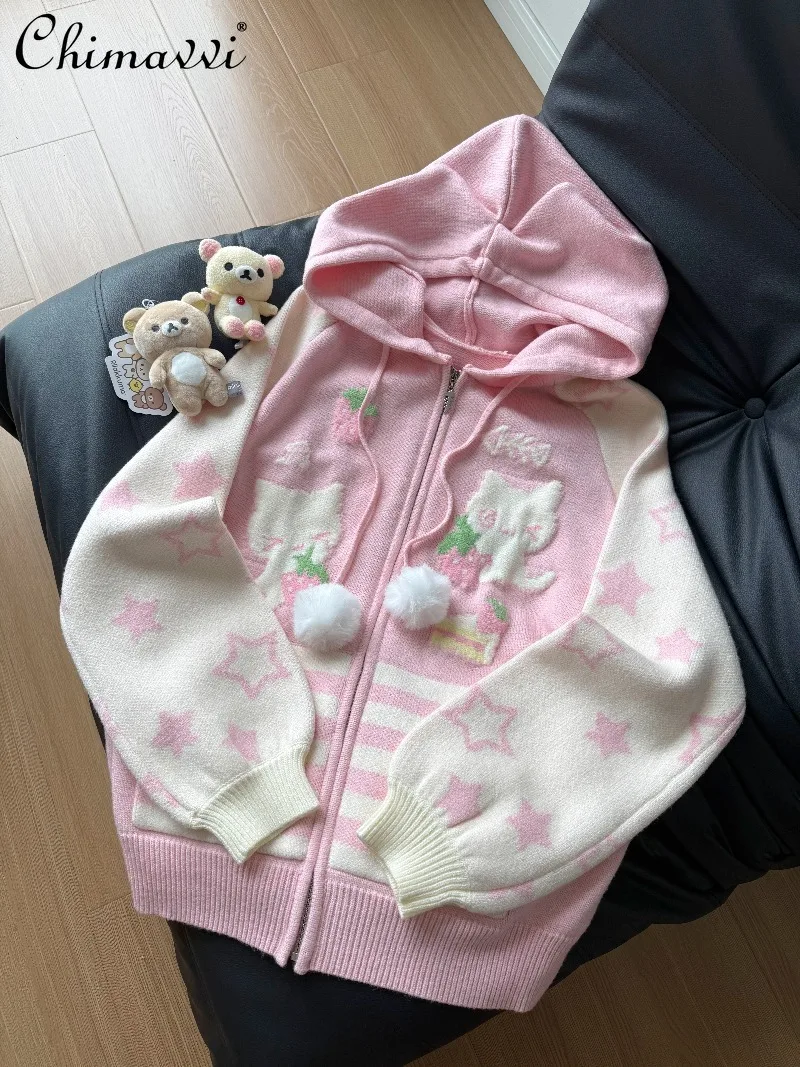 

Original Japanese Fashion Strawberry Cat Cute Striped Hooded Sweater Jacket Autumn Winter Sweet Girl Long Sleeve Kawaii Cardigan