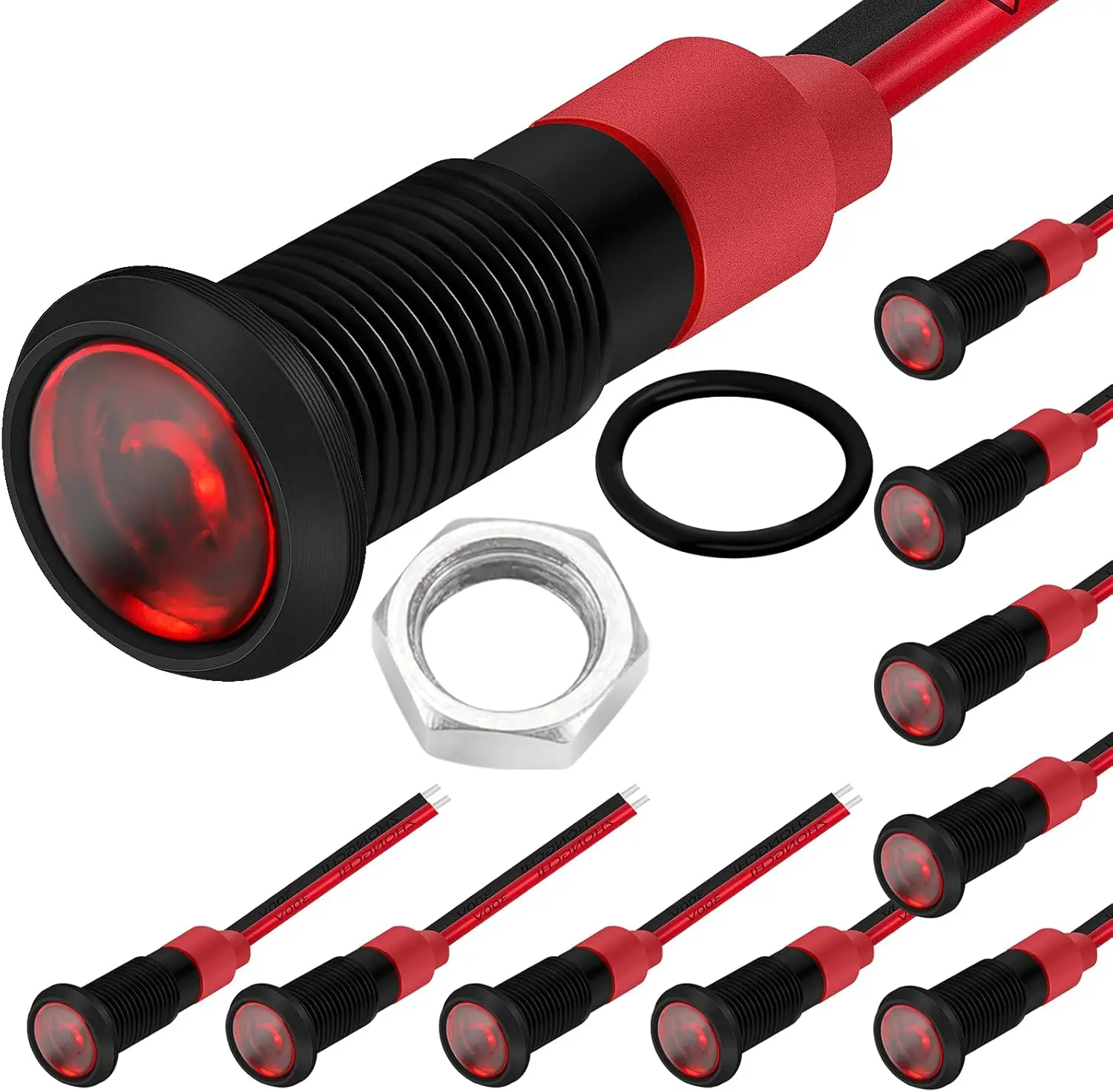 

12V Red LED Indicator Light, 1/4" 6mm IP67 Waterproof Aluminum Metal with Wire Leads - 10pcs