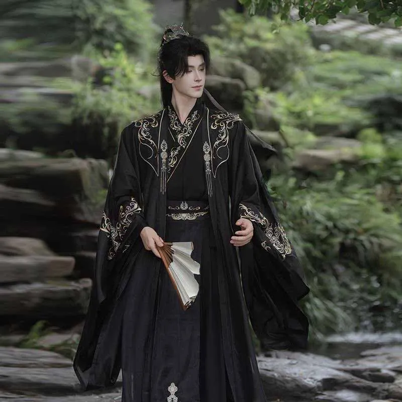 

Китайские мужские костюмы Hanfu, черно-белые вышитые винтажные костюмы Hanfu, мужской карнавальный костюм на Хэллоуин, вечерние костюмы Hanfu, большие размеры
