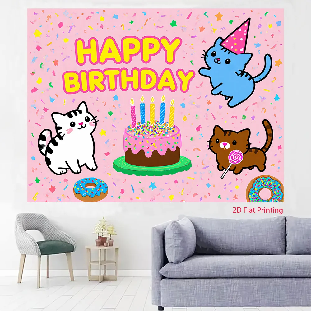 Happy Birthday Cat Tapestry, Cute Kitten Party Wall Hanging, Pink Cartoon Animal Decor for Kids Room Nursery Bedroom