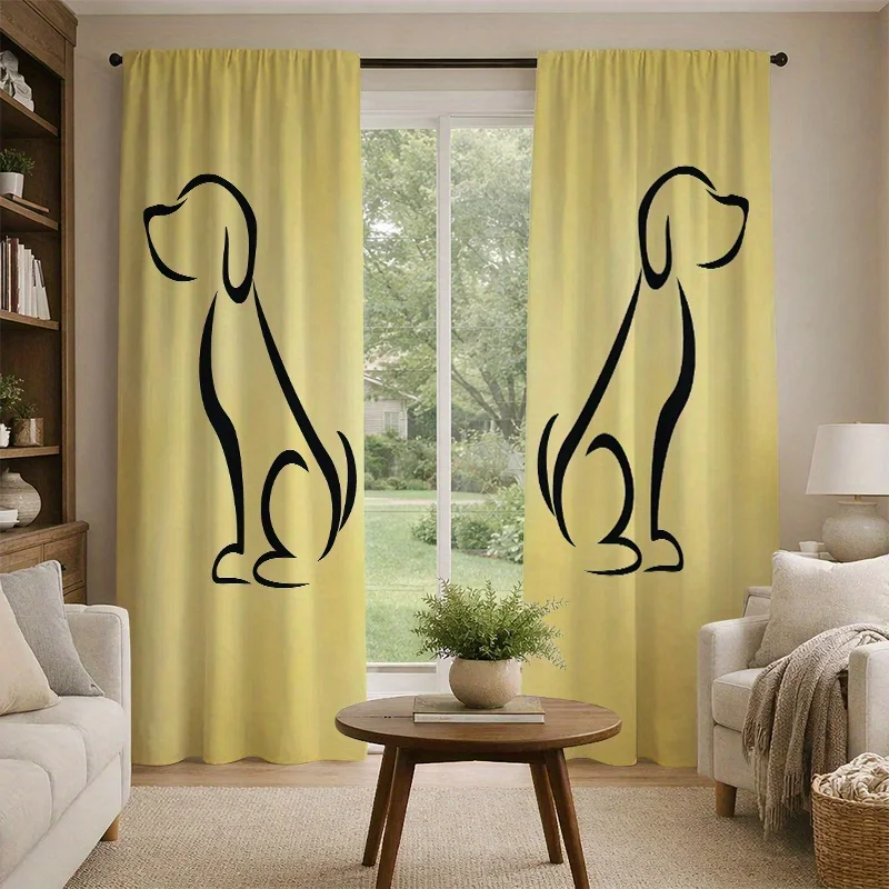 Yellow Dog Silhouette Curtains, Minimalist Pet Outline Window Drapes Simple Puppy Decor, Blackout Fabric for Living Room Bedroom
