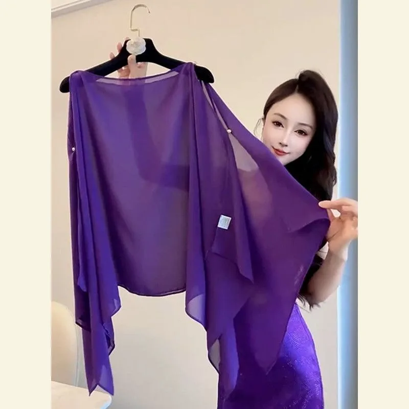 Women's Summer 2026 New Off-the-shoulder Thin Top Chiffon Shirt Sunscreen Sun Block Blouses French Retro Purple Cape Shawl Shirt