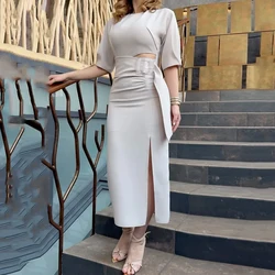 Ellafads Women Midi Dress Summer Fashion Solid O Neck Hollow Out Irregular Slit Puff Sleeve Nipped Waist Slim A Line Midi Dress