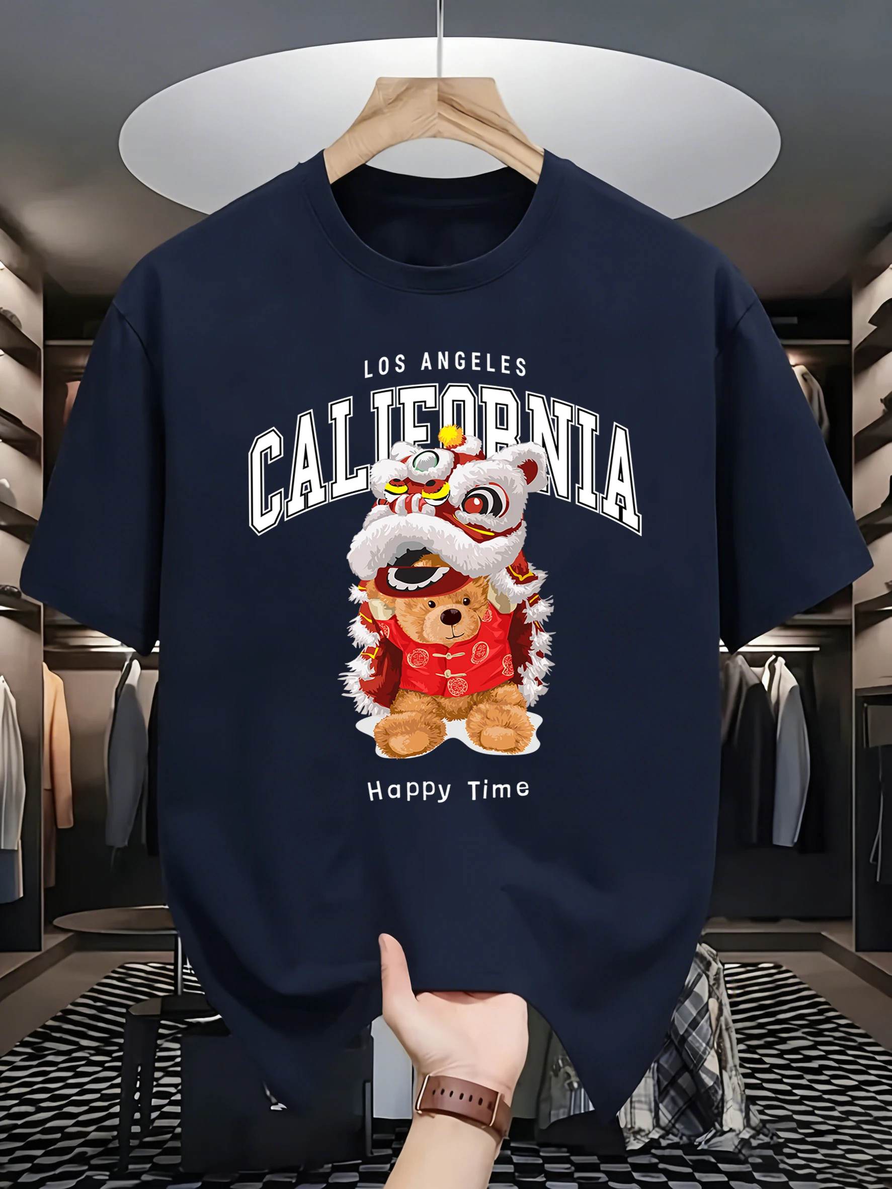 The Lion Dancing Bear Cute Print Men Cool T Shirt Loose Casual Short Sleeve Cotton Trendy T-Shirt Summer Hip Hop Unisex Clothes