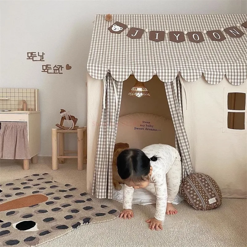 Korean Ins Children\'s Tent Indoor Play Nordic Plaid Game House Princess Castle Baby House Toy  Parent-child Room Boy Girl Bed