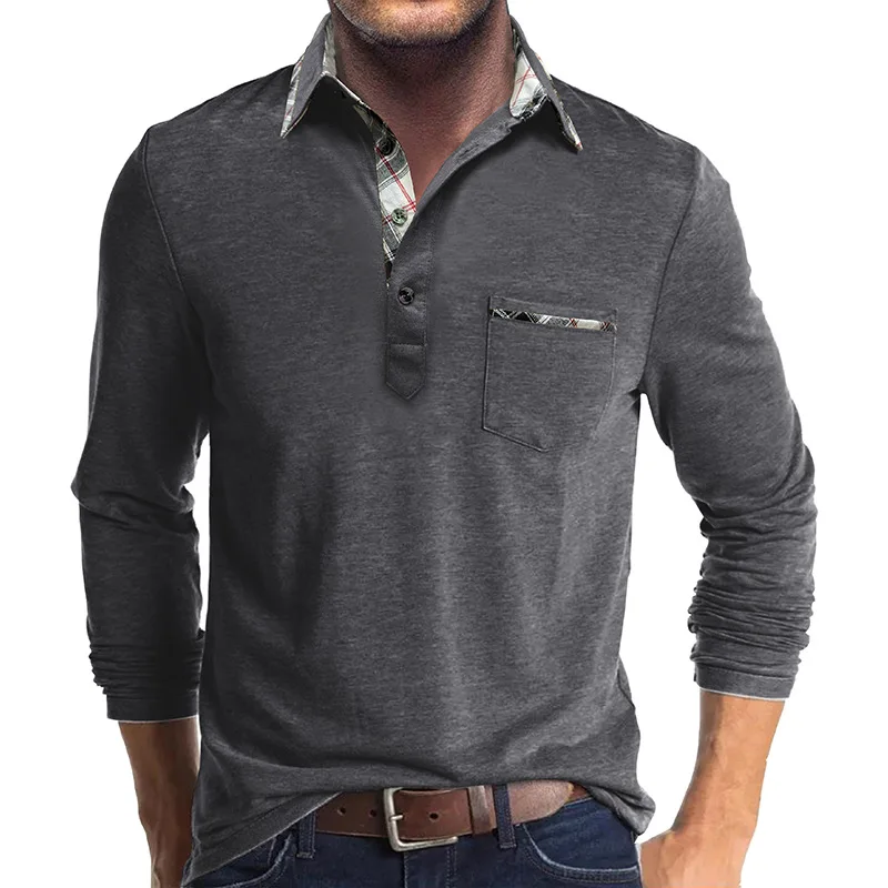 Men's Long Sleeved Lapel T-shirt With Plaid Trim Men's POLO Shirt Autumn Winter Bottoming Shirt Casual Button-Down Top