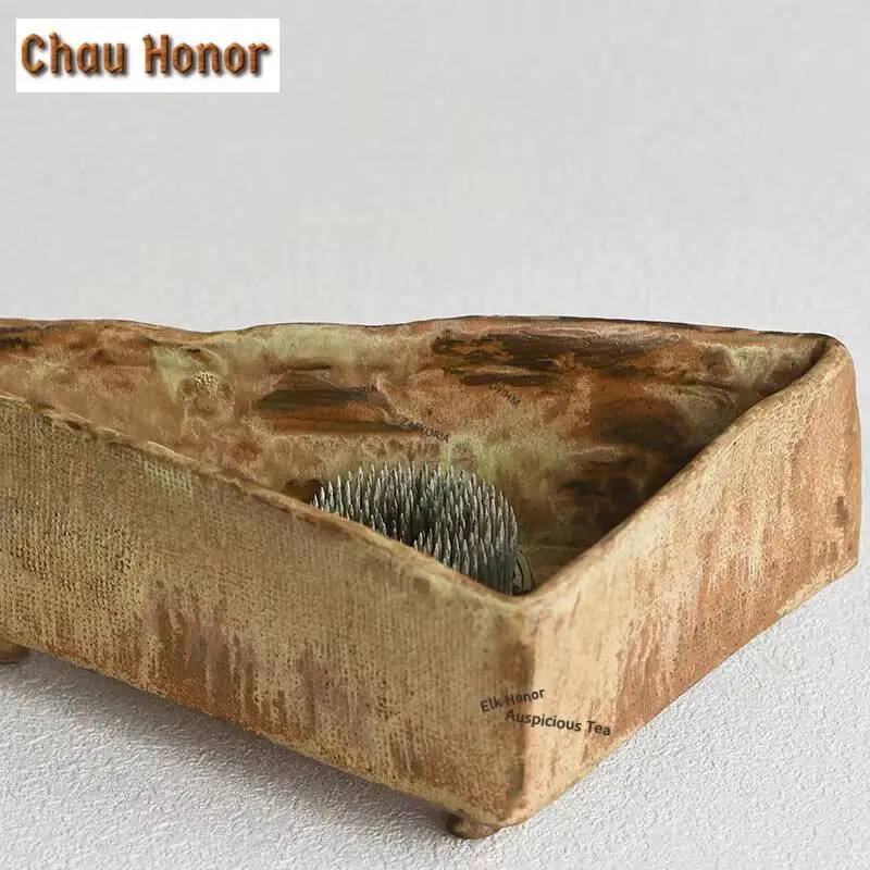 ZAEYORIA Japanese Wabi-sabi Ikebana Vase Brush-stroke Coarse Pottery Hydroponic Flower Pot Triangular Floral Vessel Decorations