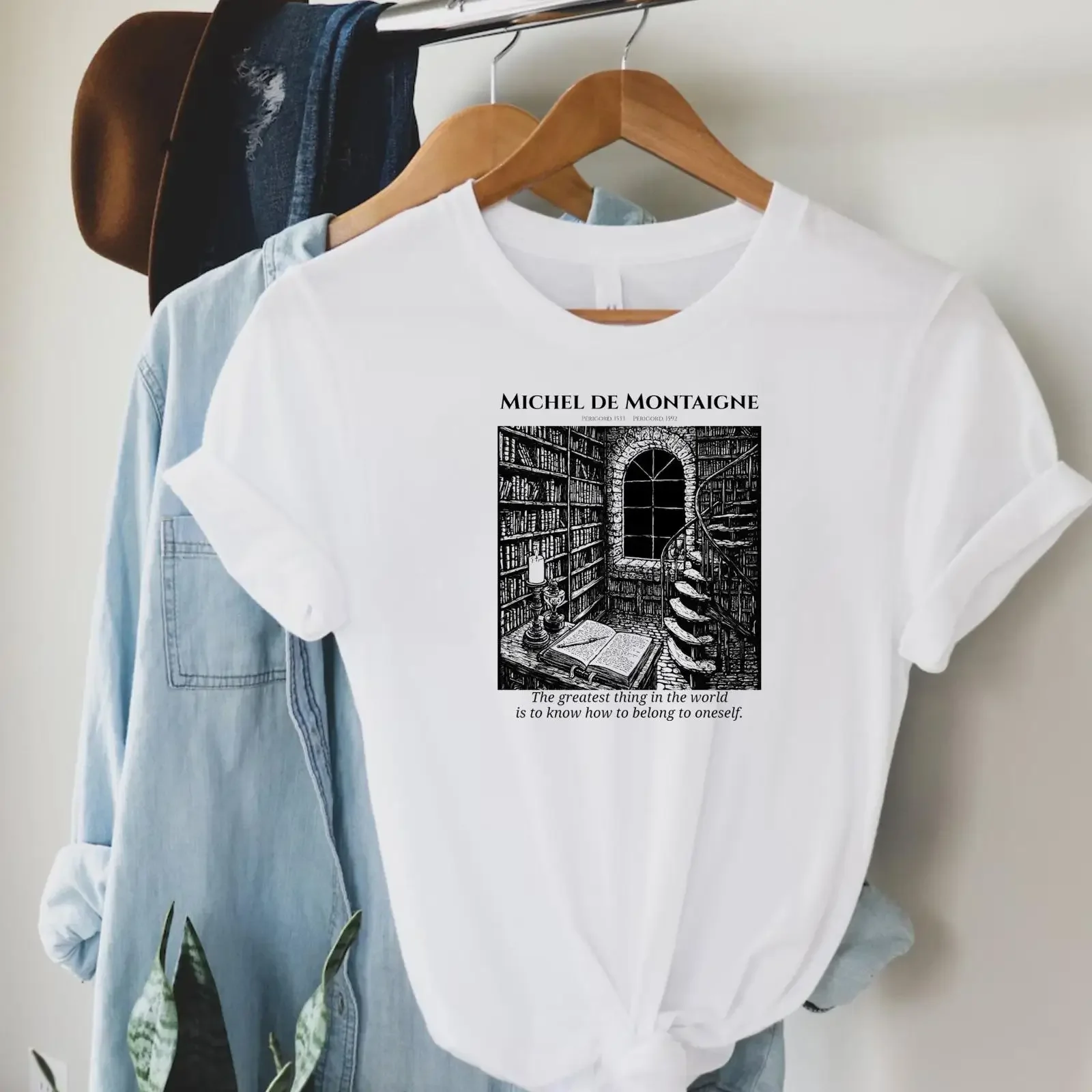 Michel de Montaigne Philosophy T Shirt Essays Quote Dark Academia vintage Washed homme Comfortable Slightly Soft