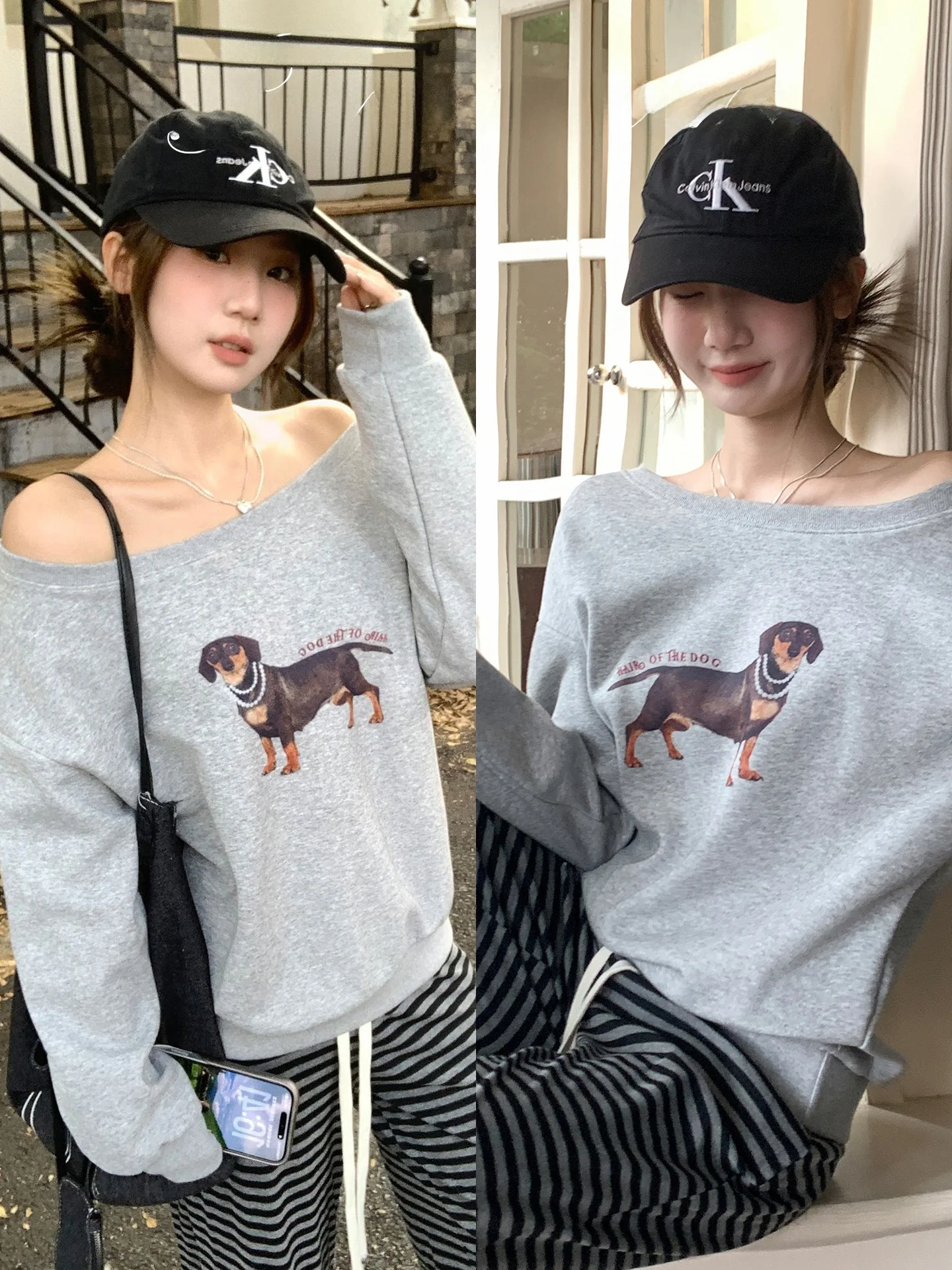 

Sli Spring Autumn Long Sve Sweatirt Design Korean Sle oulder Exposure Base Dog Print Slant Collar Top