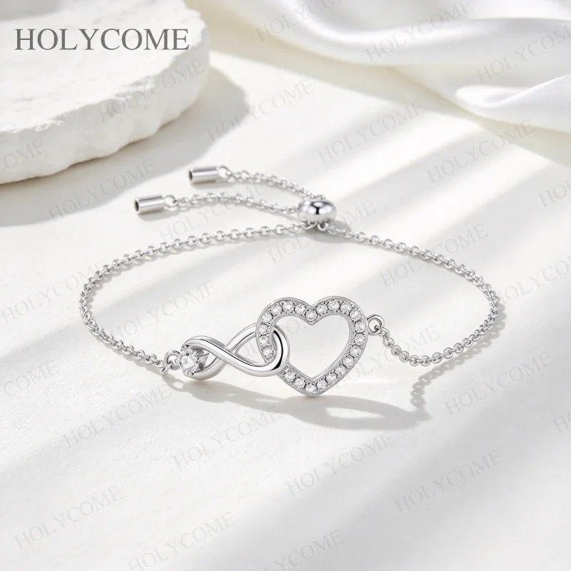 S925 Silber Herz-Armband Nischendesign Leichter Luxus mit Moissanit-Einlage Eleganter Damen-Handschmuck für Hochzeit und Party – Detail 7