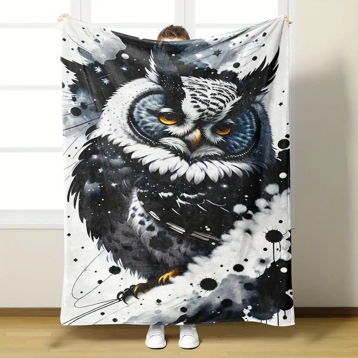 Splash Ink Style Owl Digital Print Blanket Soft Cozy Lunchtime Fleece Blanket Sofa Bed Office Camping Travel Cozy Soft Blanket