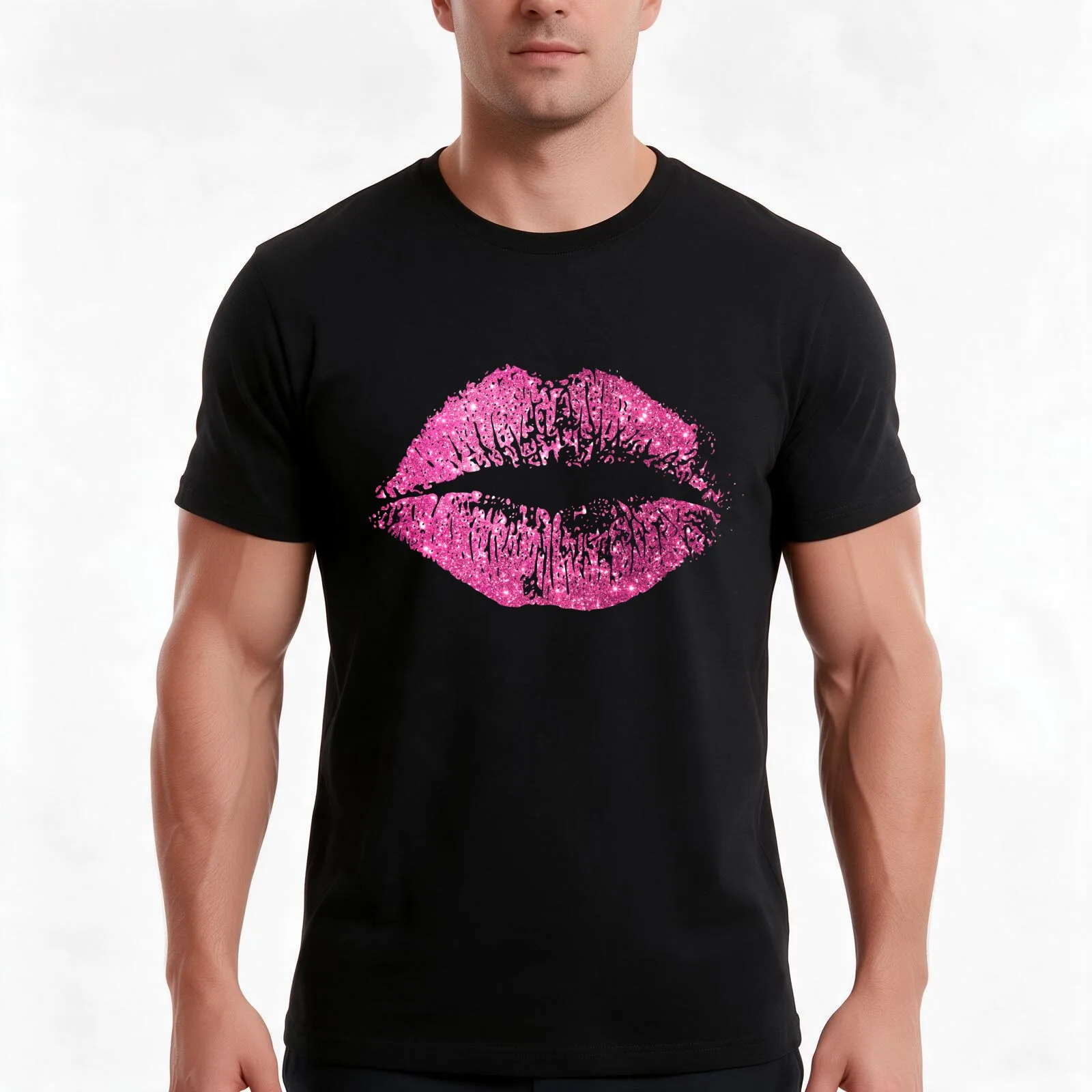 Stylish Pink Glitter Lips T-Shirt, Summer Casual Cotton Tee, Oversized Streetwear Tops, Vintage Graphic Print, Unisex Men Women