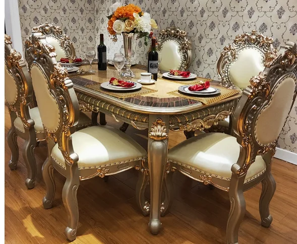 European-style villa high-end leather dining table and chairs, solid wood carving 1.8 meters long champagne dining table