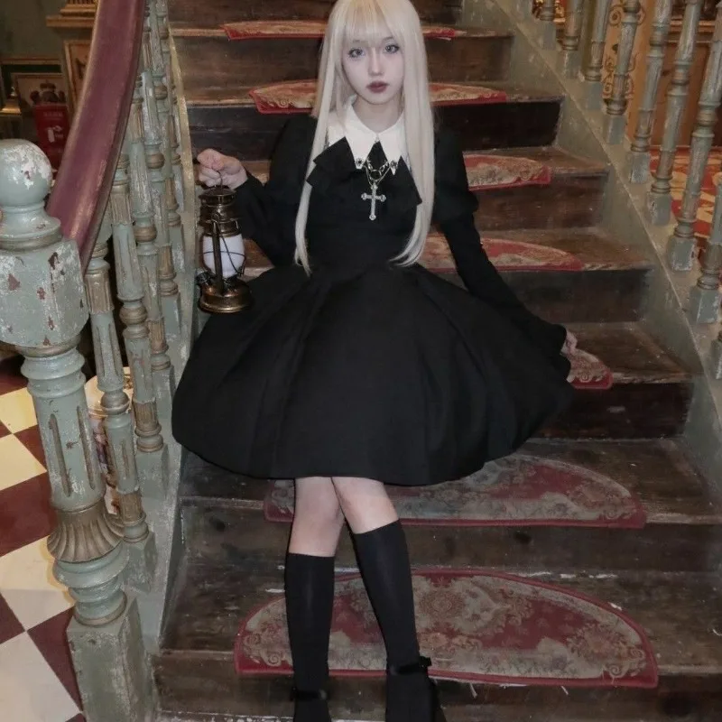 

2025 Lolita Gothic Dark Academia Clothes Y2k Slim Waist Black Dress for Women Summer New Long Sleeve Mid-length Dresses